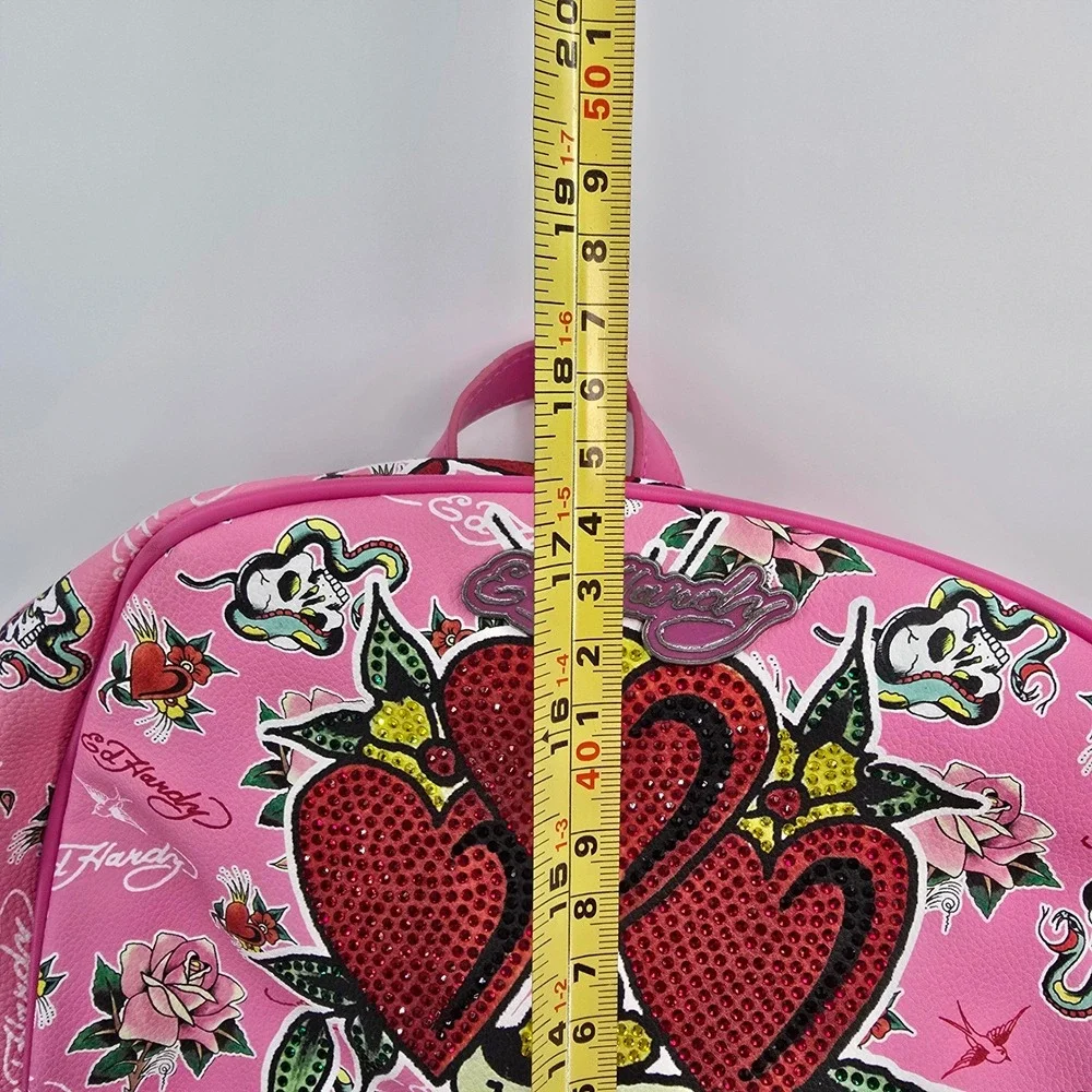Ed Hardy Pink Multi Rhinestone Heart Tattoo Print Vegan Leather Backpack EHH436